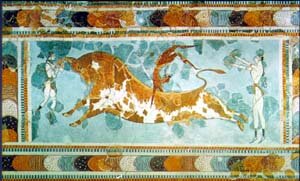 Playing with a bull. Fresco from the Palace of Knossos, about 1500 B.C. Heraclion Museum